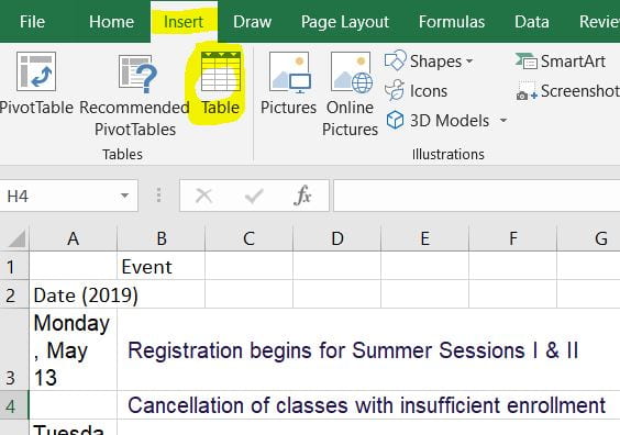 To alert screen readers to Excel headings, first go to "insert" and then "table."